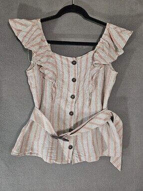 Abito Women Large Shirt 100% Belt Beige Orange Stripe Ruffles Sleeveless Coastal